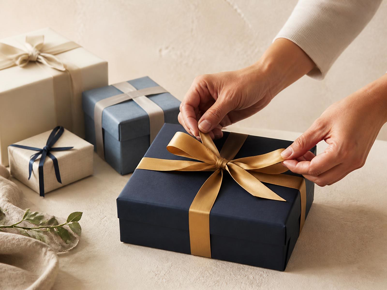 Hands wrapping a thoughtful navy gift with a gold ribbon.