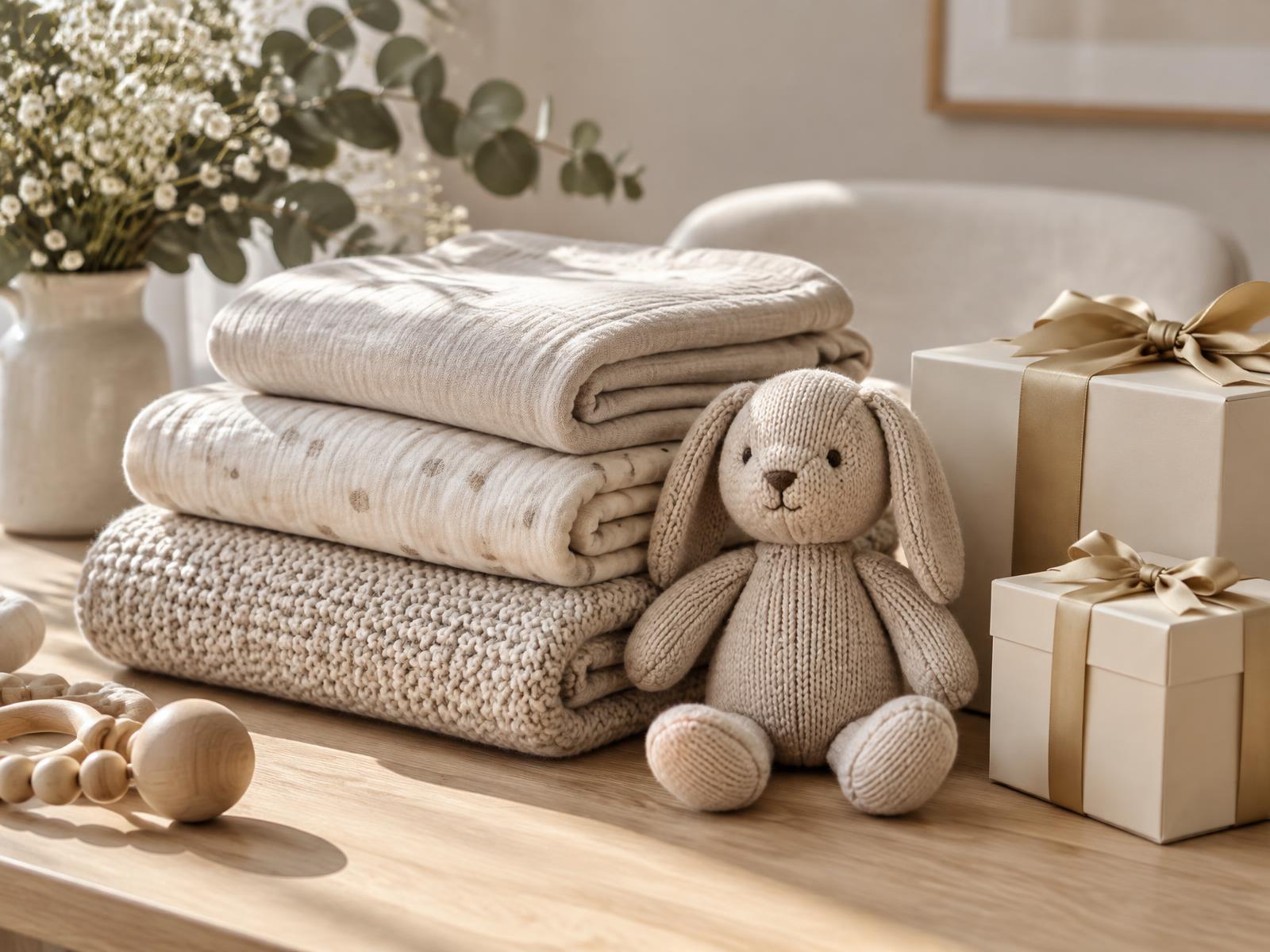 Folded neutral baby blankets, a knitted keepsake bunny and cream gift boxes on a light timber table.