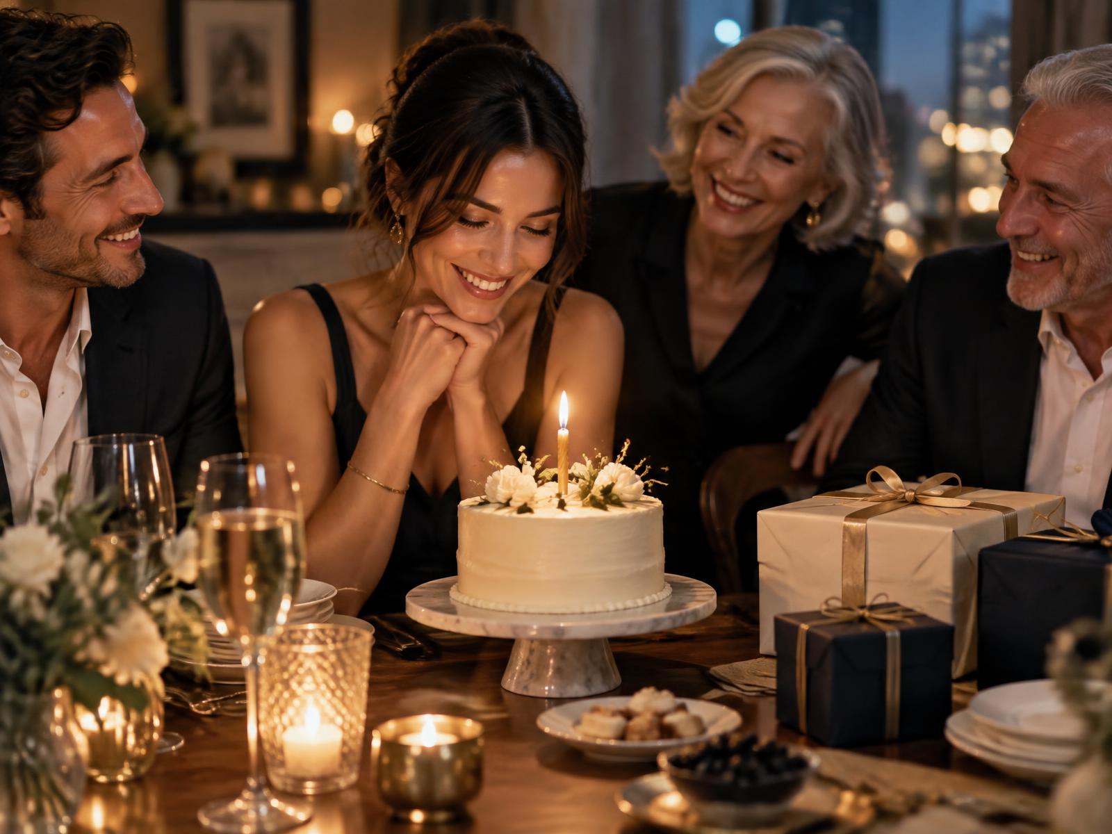 Friends and family around a candlelit table with a small birthday cake and elegantly wrapped gifts.