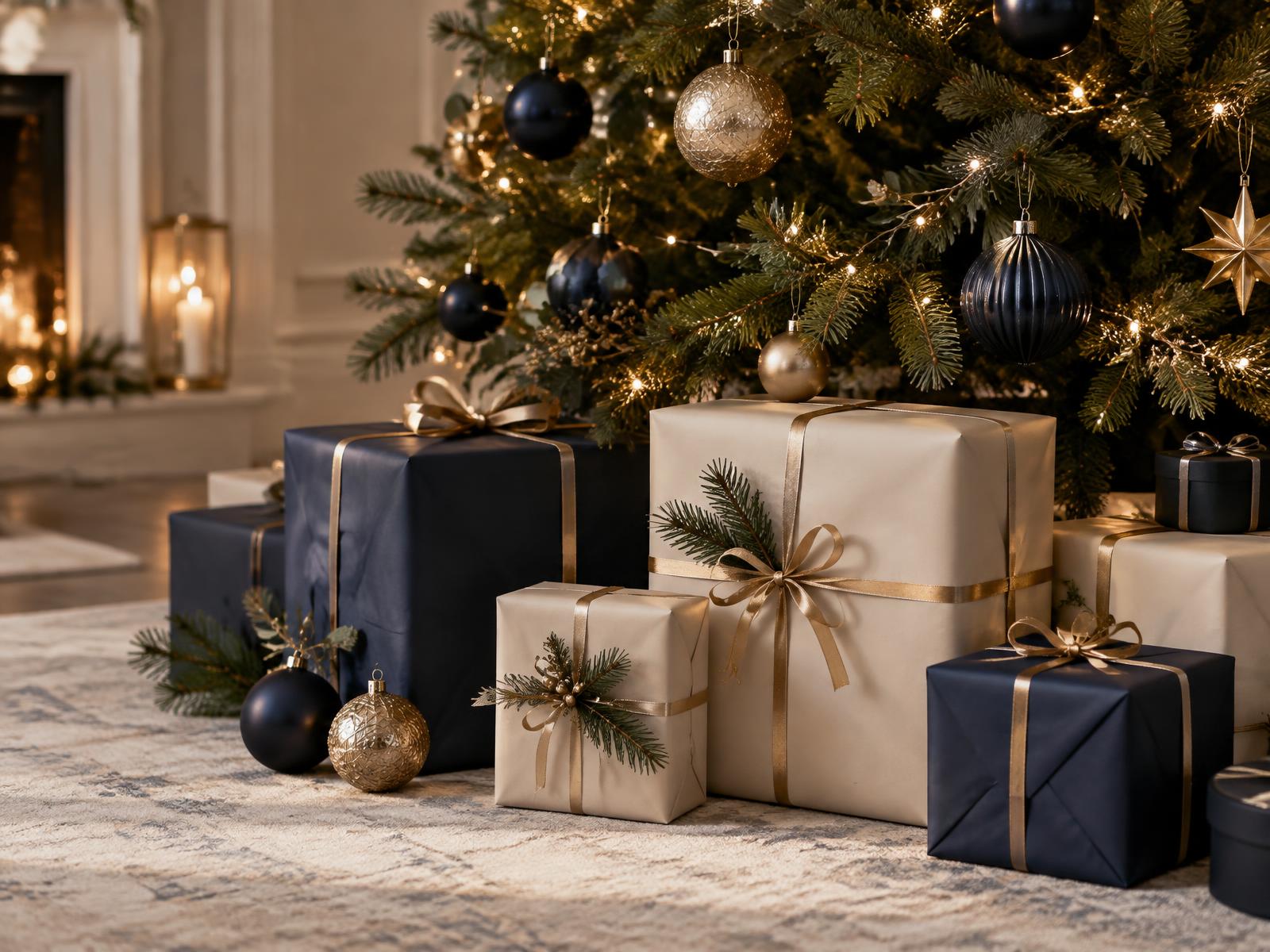 Cream and navy Christmas presents tied with gold ribbon beneath a softly lit tree.