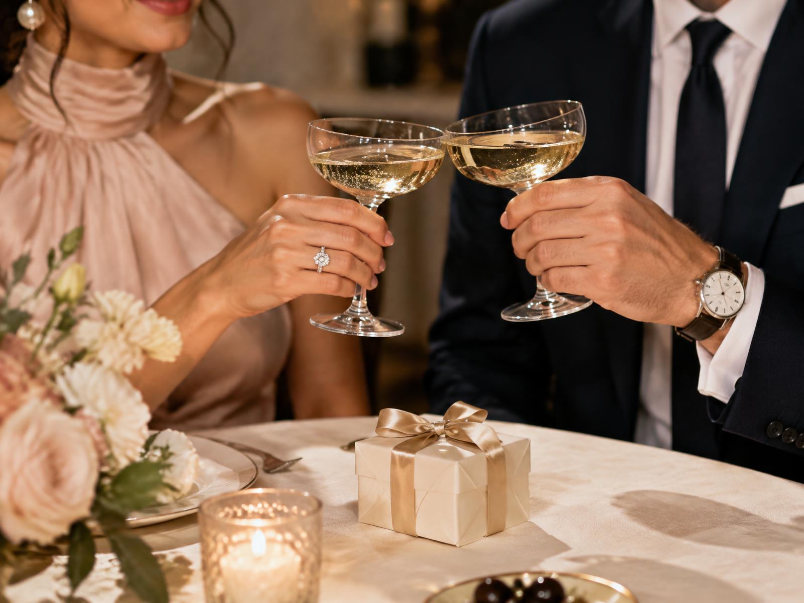 A newly engaged couple toasting with champagne beside a cream gift box tied with gold ribbon.
