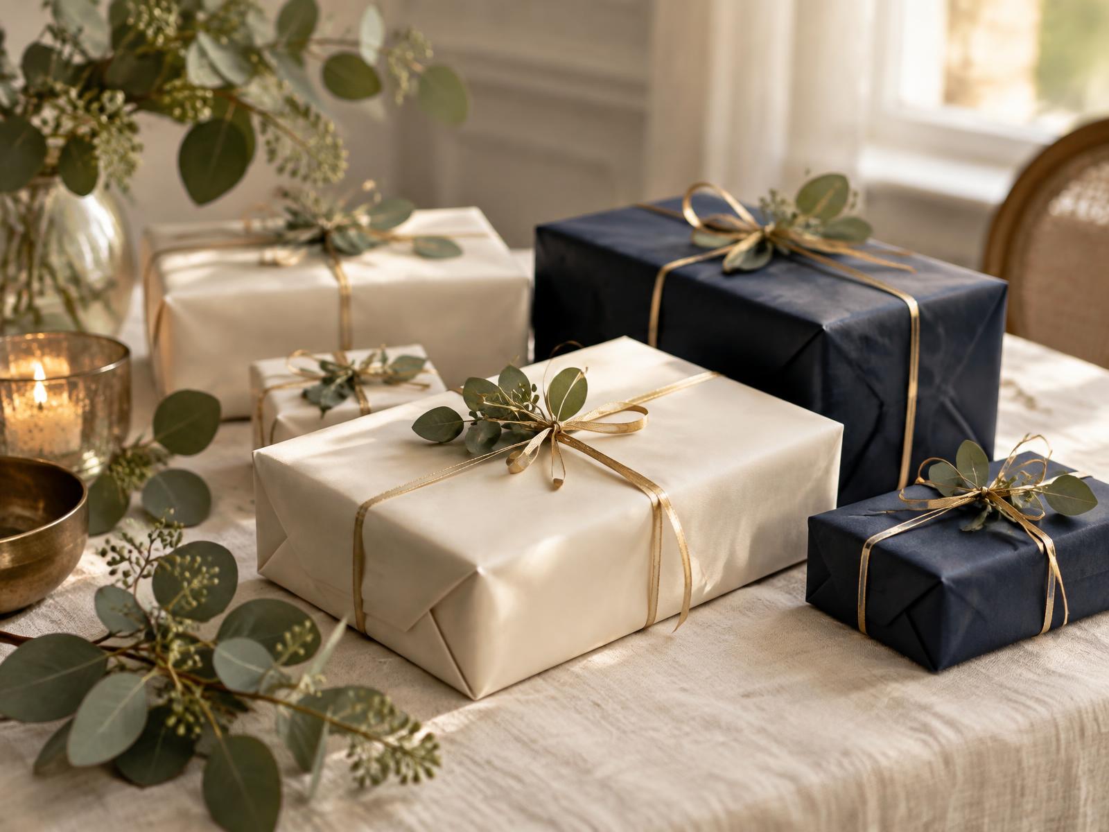 Cream and navy gifts tied with gold ribbon arranged on a linen table in soft daylight.