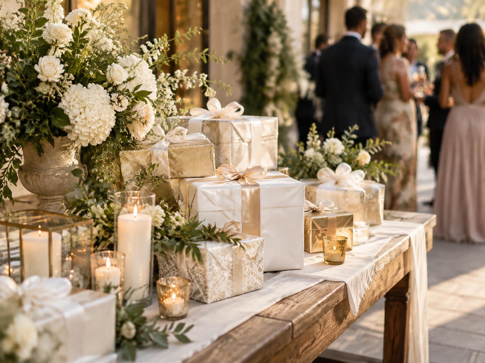 A wedding gift table with cream and gold wrapped presents beside white florals and candles.